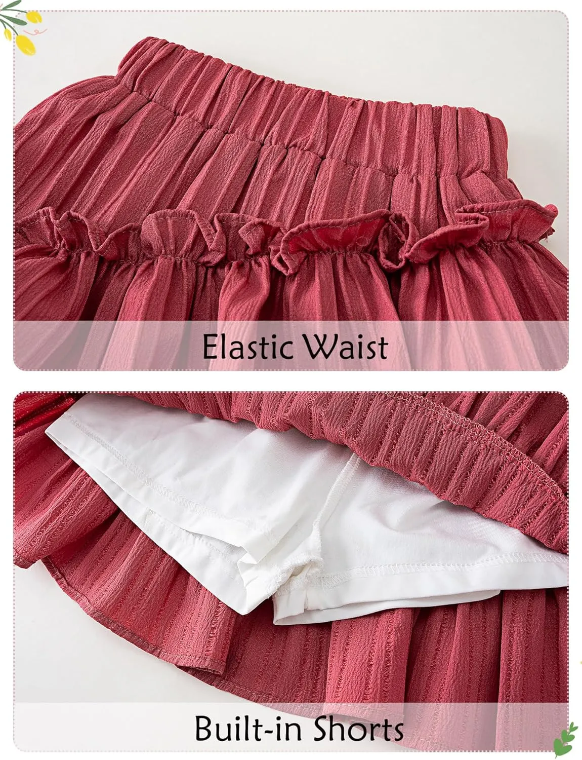 Happy Cherry Girls Summer Mini Skirts Elastic Waisted Tiered Ruffle Skirt with Shorts