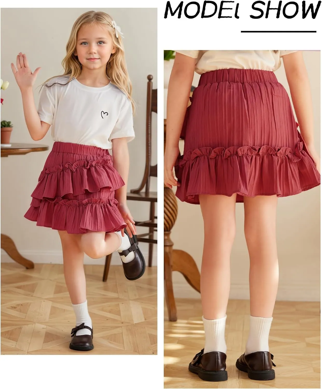 Happy Cherry Girls Summer Mini Skirts Elastic Waisted Tiered Ruffle Skirt with Shorts
