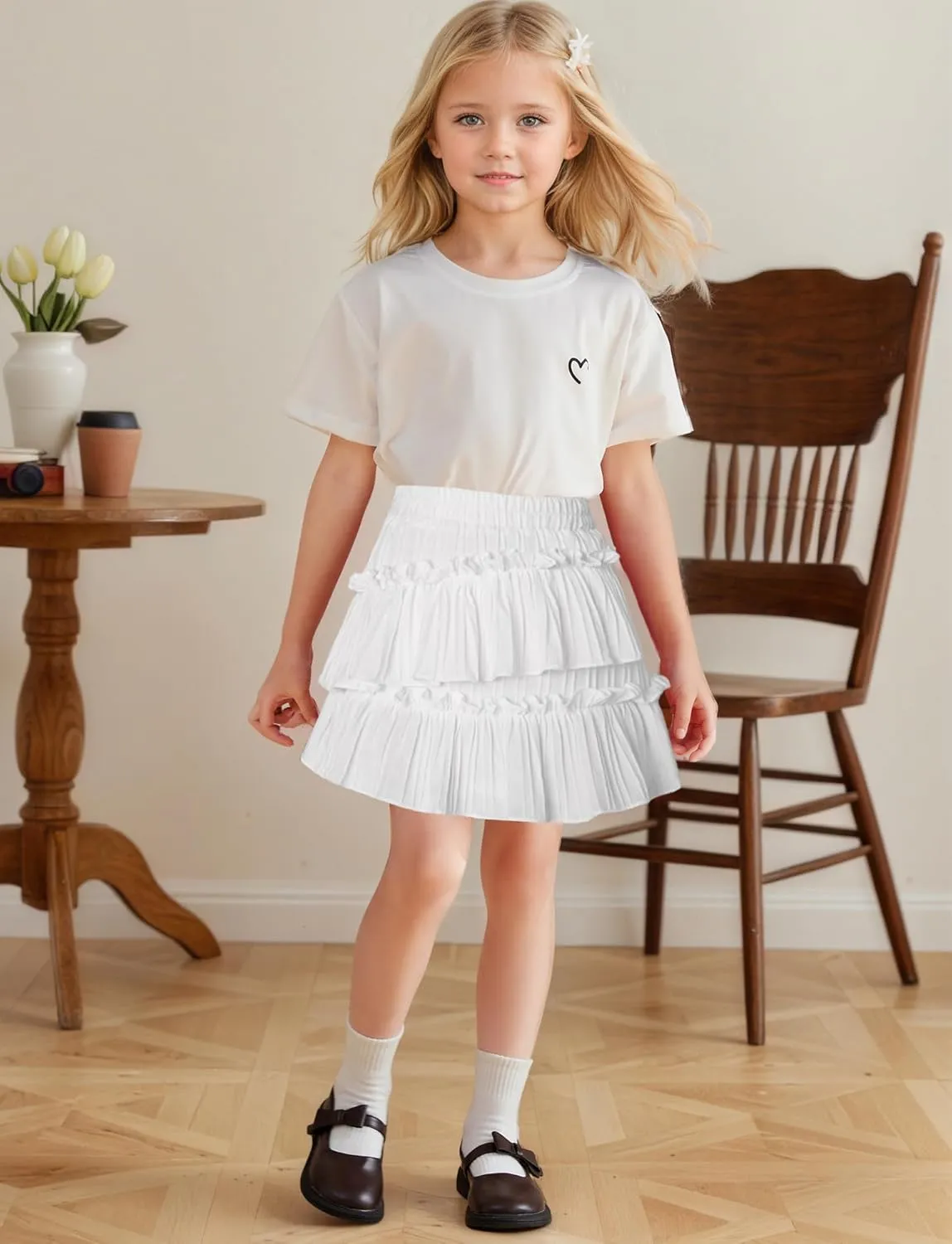 Happy Cherry Girls Summer Mini Skirts Elastic Waisted Tiered Ruffle Skirt with Shorts