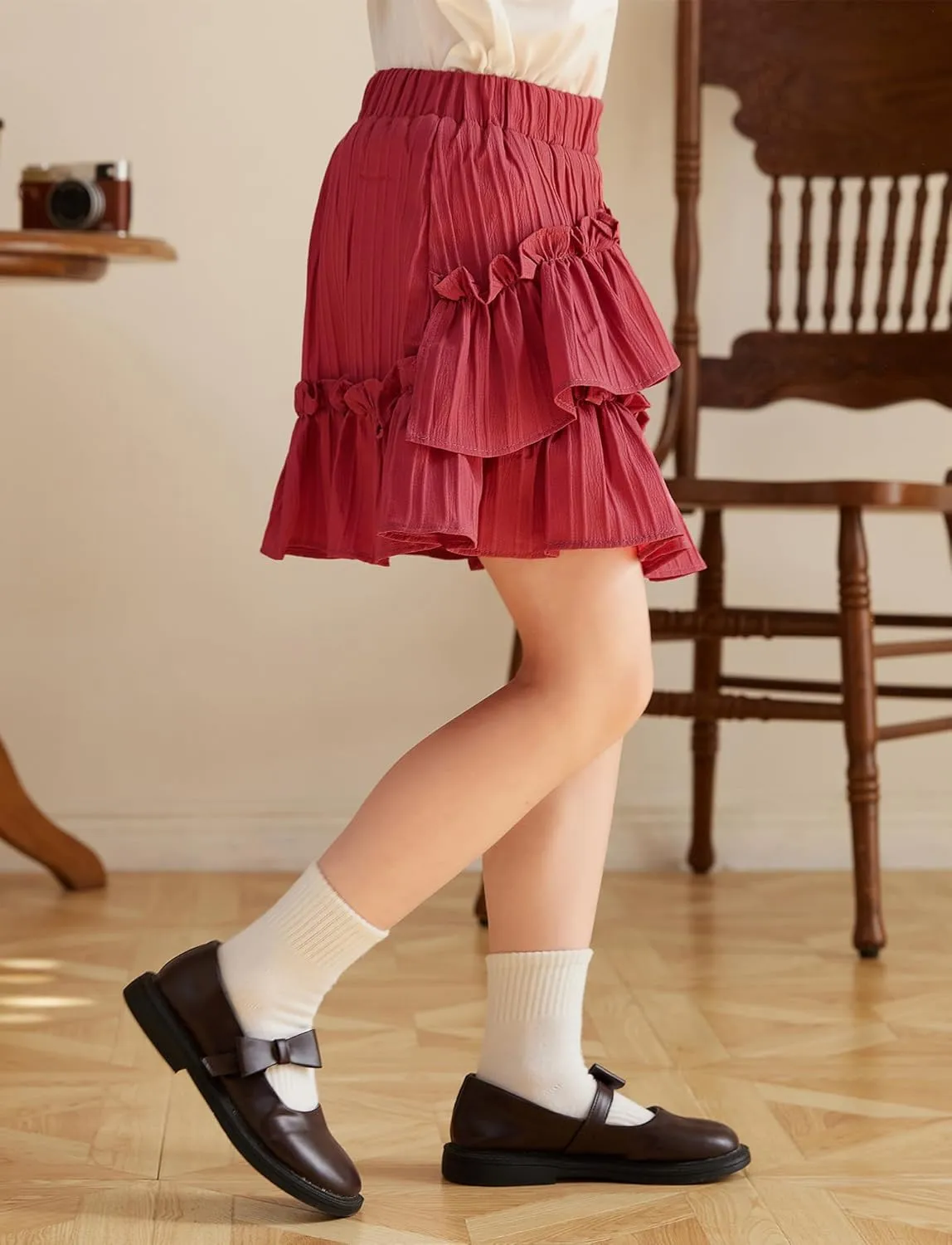 Happy Cherry Girls Summer Mini Skirts Elastic Waisted Tiered Ruffle Skirt with Shorts