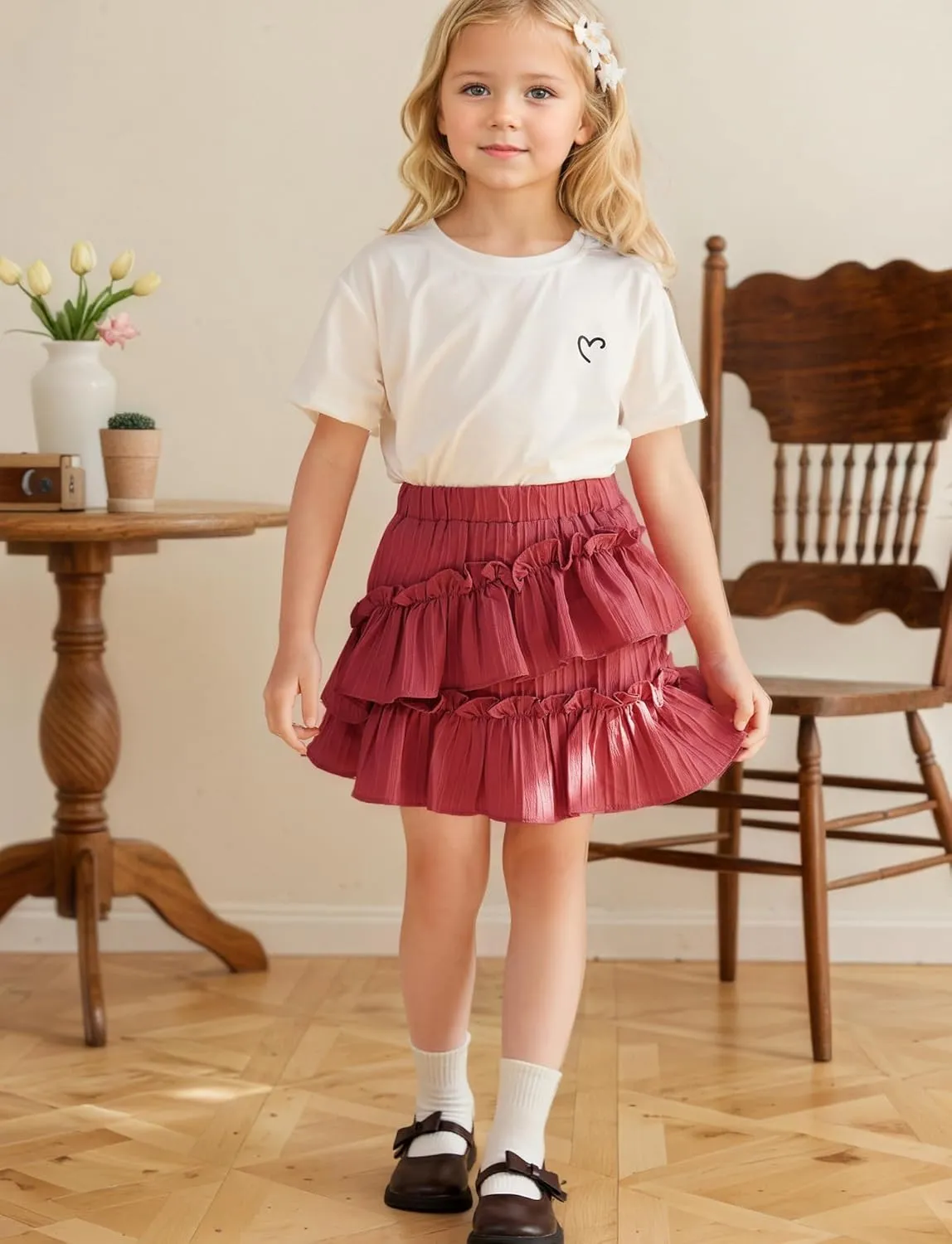 Happy Cherry Girls Summer Mini Skirts Elastic Waisted Tiered Ruffle Skirt with Shorts