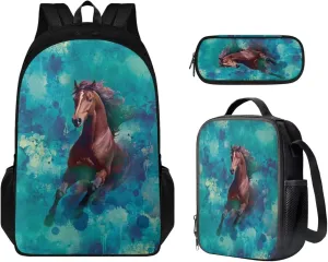 Horse Print Boys Backpack for Kids 6-8 Multi-Functional Toddler Boy Backpack and Lunch Box Set and Mini Pencil Pouch with Compartments for Secondary Schools