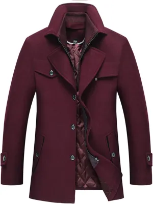 INVACHI Men's Wool Blend Coat Warm Winter Trench Coat with Detachable Soft Scarf Single Breasted Pea Coat