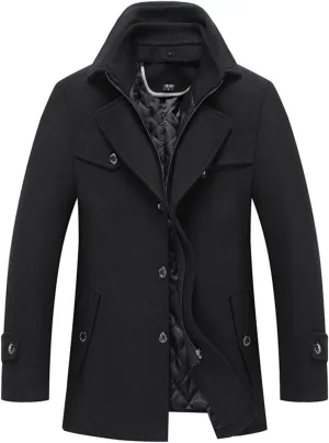 INVACHI Men's Wool Blend Coat Warm Winter Trench Coat with Detachable Soft Scarf Single Breasted Pea Coat