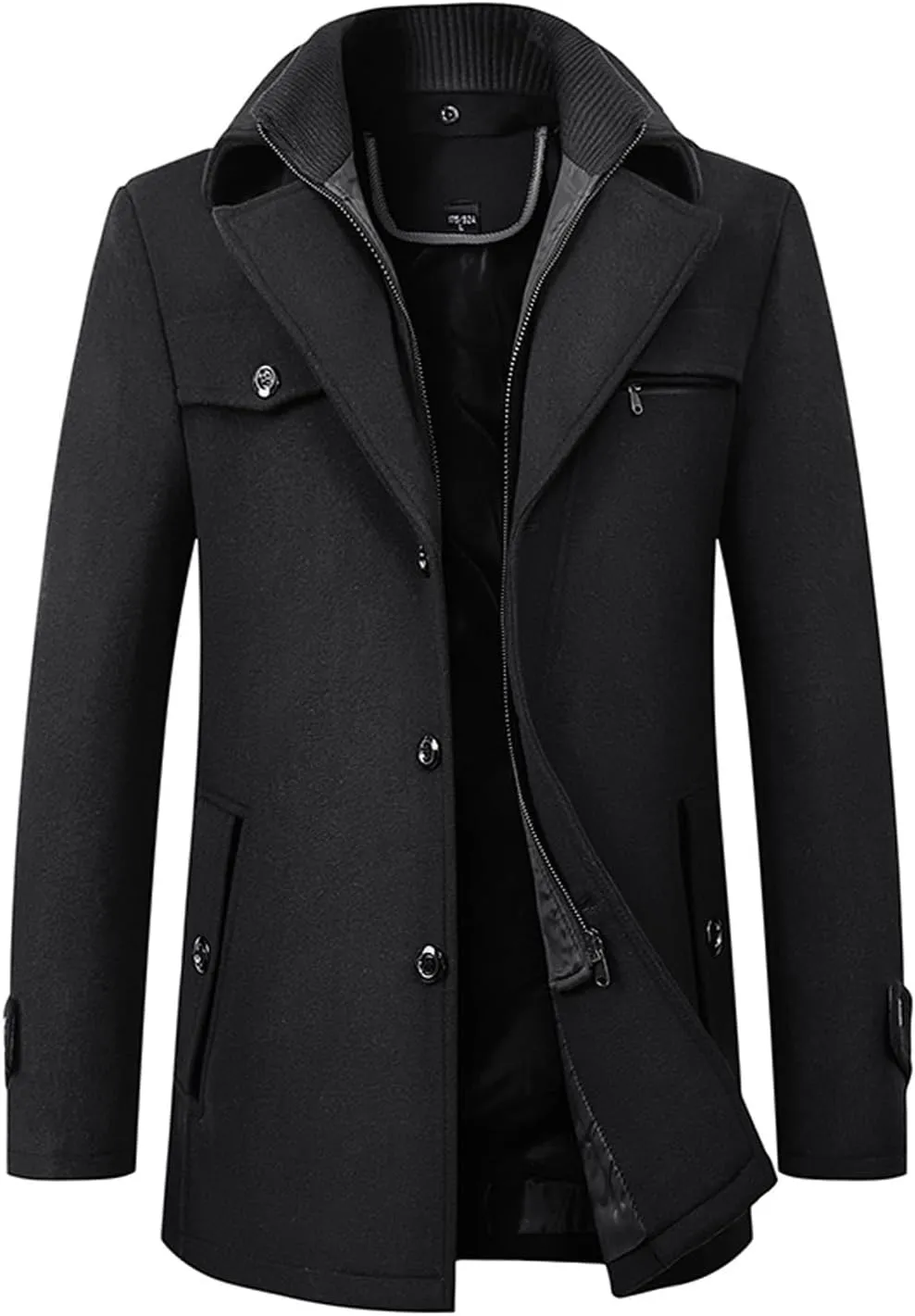 INVACHI Men's Wool Blend Coat Warm Winter Trench Coat with Detachable Soft Scarf Single Breasted Pea Coat