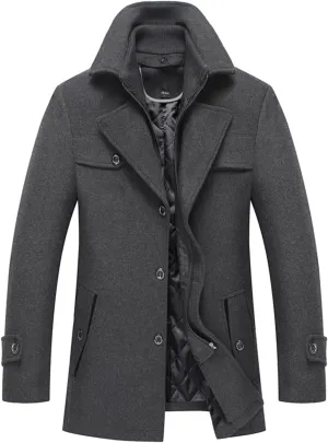INVACHI Men's Wool Blend Coat Warm Winter Trench Coat with Detachable Soft Scarf Single Breasted Pea Coat