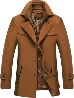 INVACHI Men's Wool Blend Coat Warm Winter Trench Coat with Detachable Soft Scarf Single Breasted Pea Coat