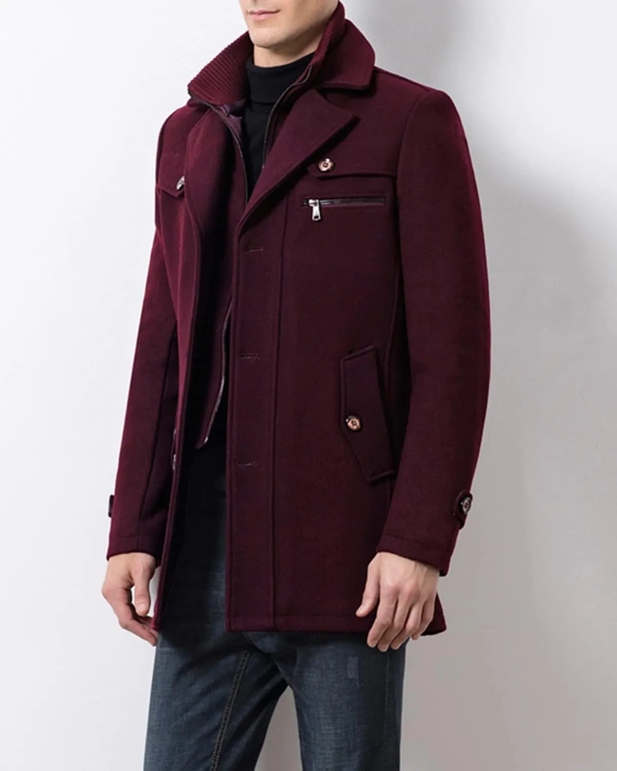 INVACHI Men's Wool Blend Coat Warm Winter Trench Coat with Detachable Soft Scarf Single Breasted Pea Coat