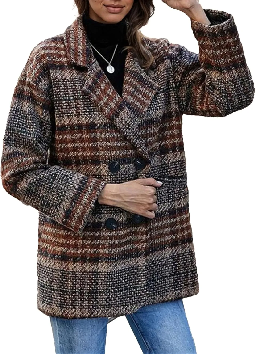IVERIRMIN Women's Plaid Double Breasted Blazer Pea Coats Tweed Notch Lapel Trench Overcoats Winter Vintage Outerwear Jackets