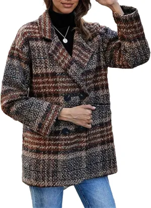 IVERIRMIN Women's Plaid Double Breasted Blazer Pea Coats Tweed Notch Lapel Trench Overcoats Winter Vintage Outerwear Jackets