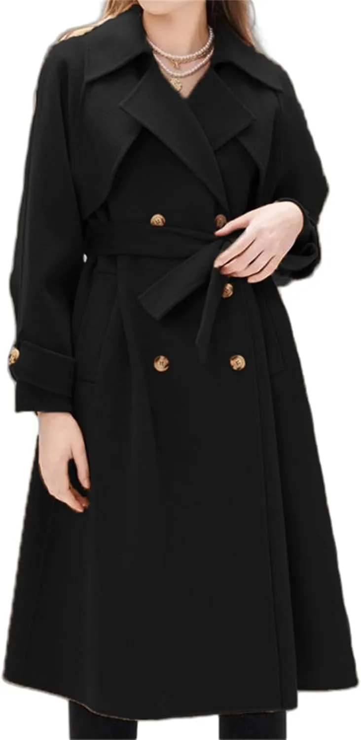 IVERIRMIN Women's Wool Blend Pea Coats Belted Double-Breasted Notch Lapel Trench Coat Overcoat Long Jacket Office Outerwear
