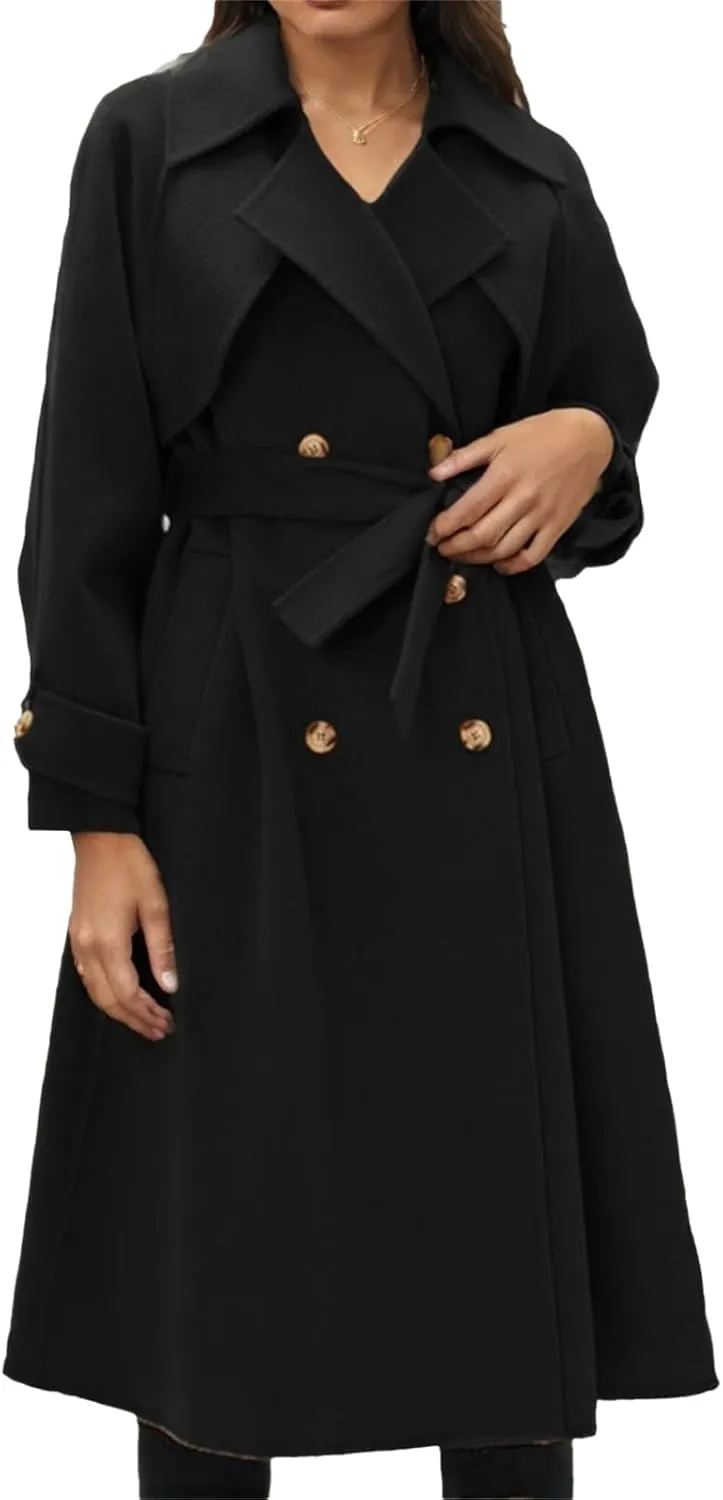 IVERIRMIN Women's Wool Blend Pea Coats Belted Double-Breasted Notch Lapel Trench Coat Overcoat Long Jacket Office Outerwear