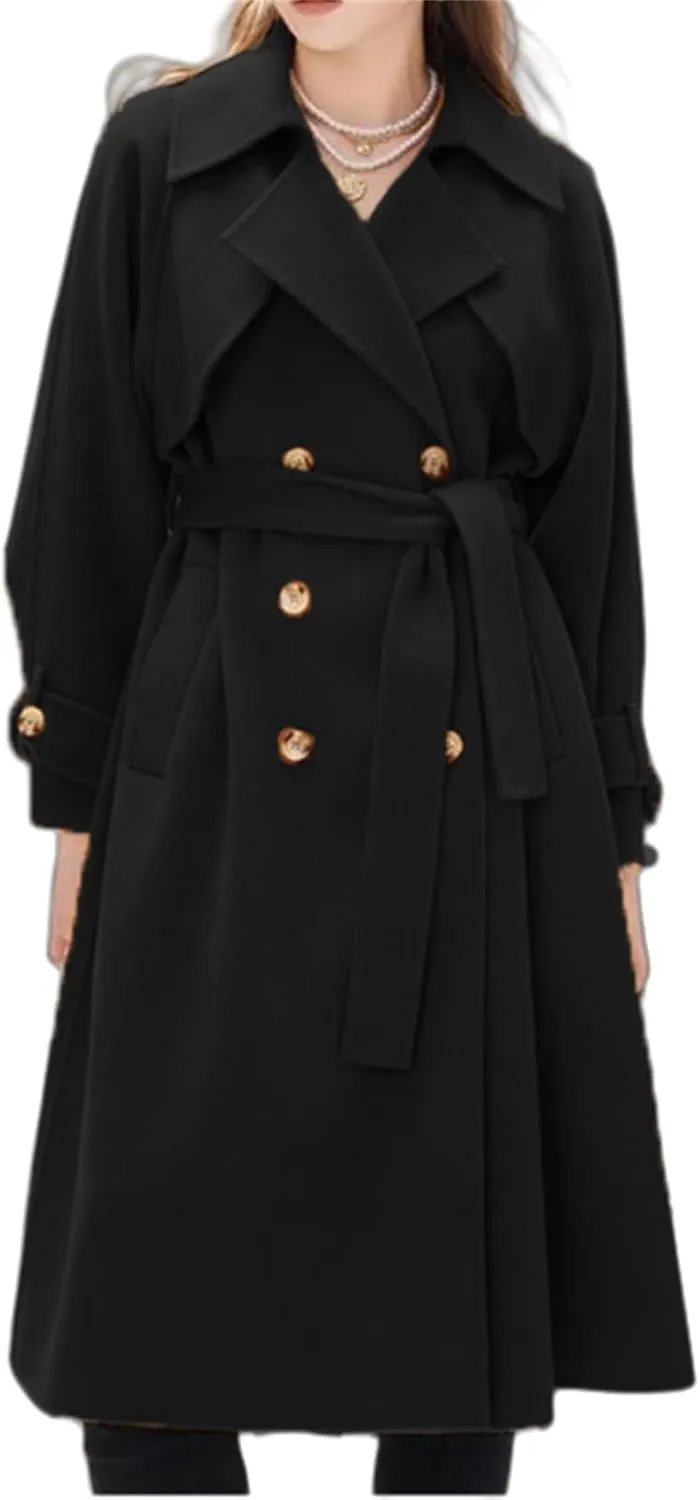 IVERIRMIN Women's Wool Blend Pea Coats Belted Double-Breasted Notch Lapel Trench Coat Overcoat Long Jacket Office Outerwear