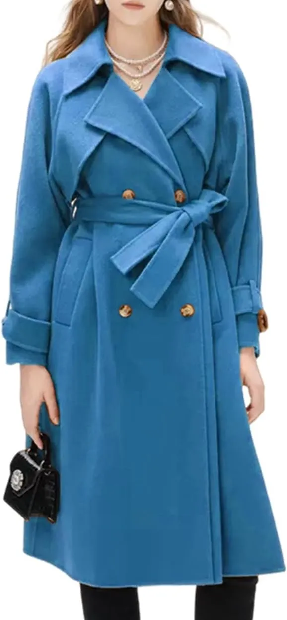IVERIRMIN Women's Wool Blend Pea Coats Belted Double-Breasted Notch Lapel Trench Coat Overcoat Long Jacket Office Outerwear