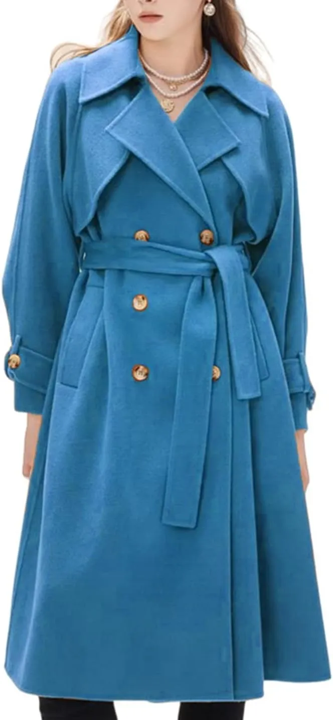IVERIRMIN Women's Wool Blend Pea Coats Belted Double-Breasted Notch Lapel Trench Coat Overcoat Long Jacket Office Outerwear