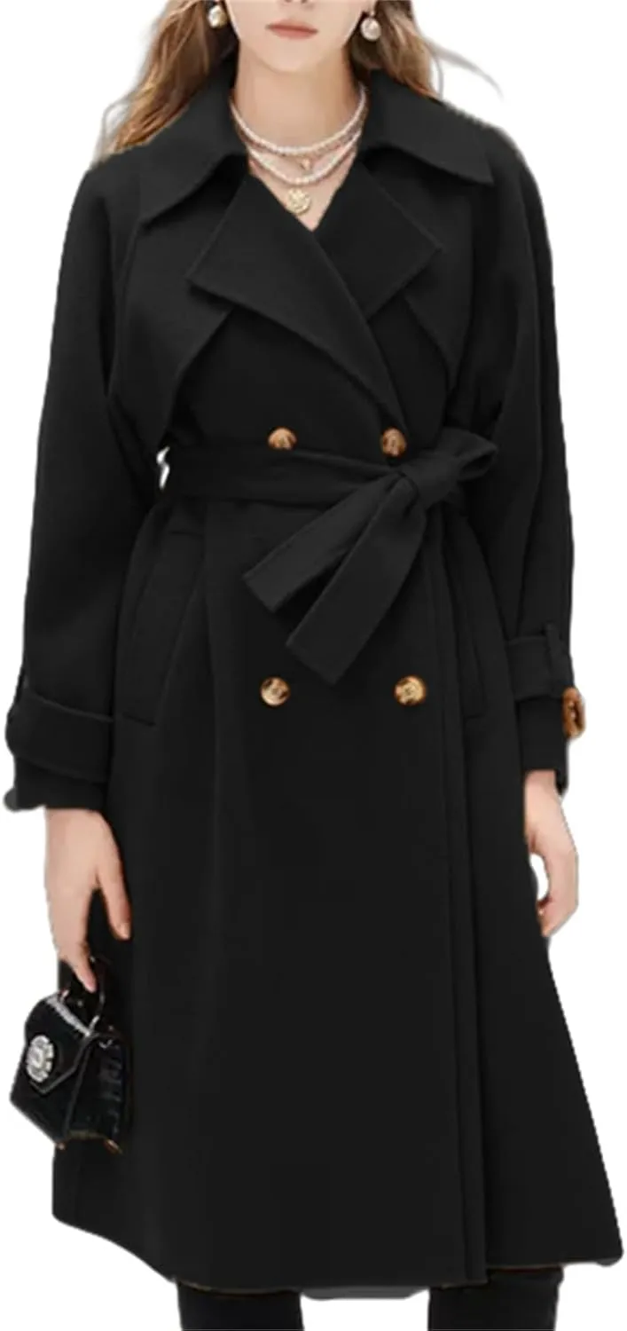 IVERIRMIN Women's Wool Blend Pea Coats Belted Double-Breasted Notch Lapel Trench Coat Overcoat Long Jacket Office Outerwear