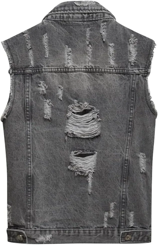 Iynnijoy Men's Denim Vest Destroyed Sleeveless Casual Cowboy Slim Waistcoat Pockets