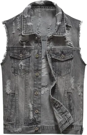 Iynnijoy Men's Denim Vest Destroyed Sleeveless Casual Cowboy Slim Waistcoat Pockets