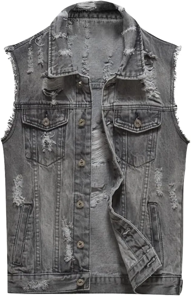 Iynnijoy Men's Denim Vest Destroyed Sleeveless Casual Cowboy Slim Waistcoat Pockets