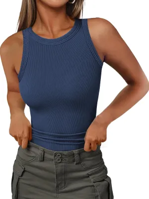 Jar of Love Womens Sleeveless Racerback Crew Neck Casual Ribbed Fitted Summer Tank Top Camisole