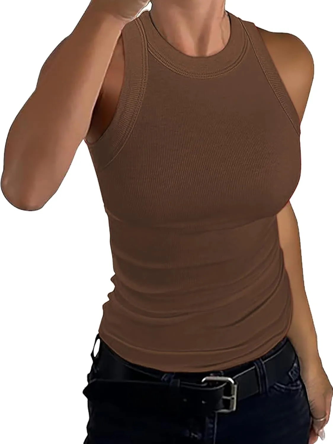 Jar of Love Womens Sleeveless Racerback Crew Neck Casual Ribbed Fitted Summer Tank Top Camisole