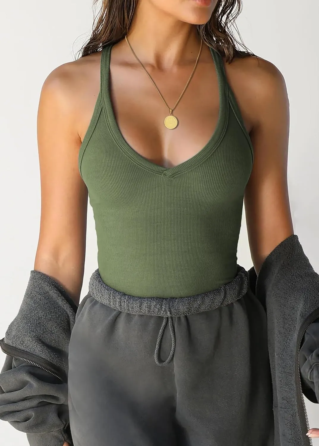 Jar of Love Workout Tank Tops for Women V Neck Racerback Slim Fit Ribbed Sapghetti Tank Fitted Basic Cami Tops