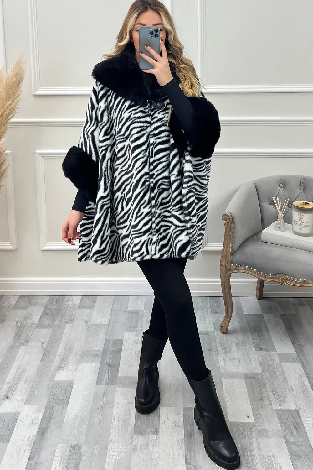 Jessie Black and White Zebra Print Faux Fur Cape