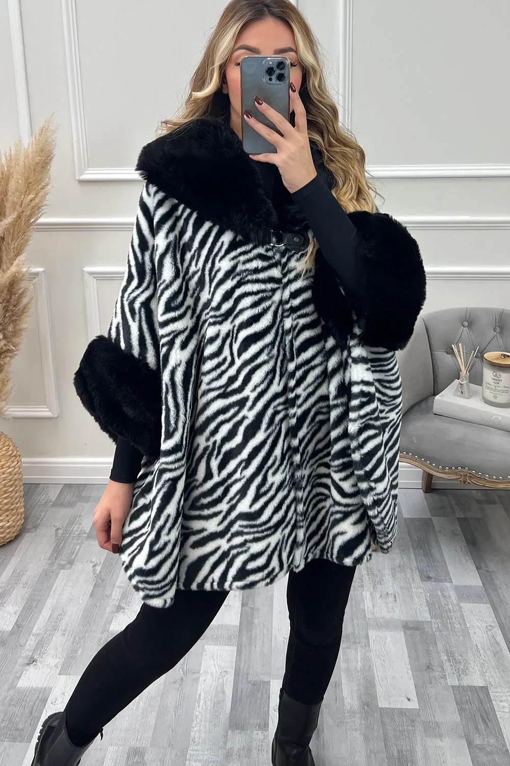 Jessie Black and White Zebra Print Faux Fur Cape