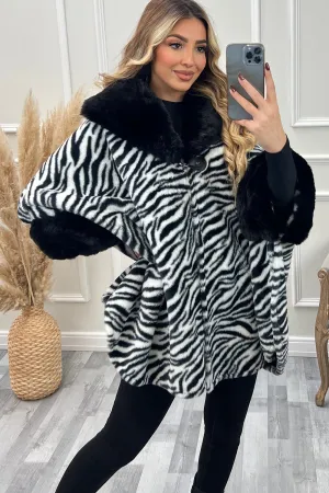 Jessie Black and White Zebra Print Faux Fur Cape