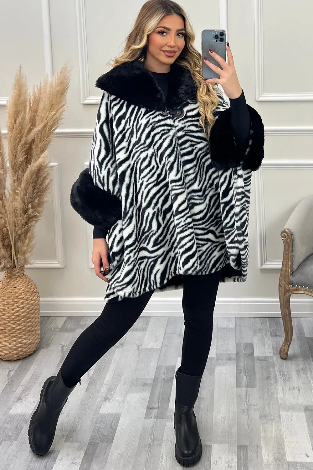 Jessie Black and White Zebra Print Faux Fur Cape