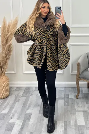 Jessie Camel and Black Tiger Print Faux Fur Cape