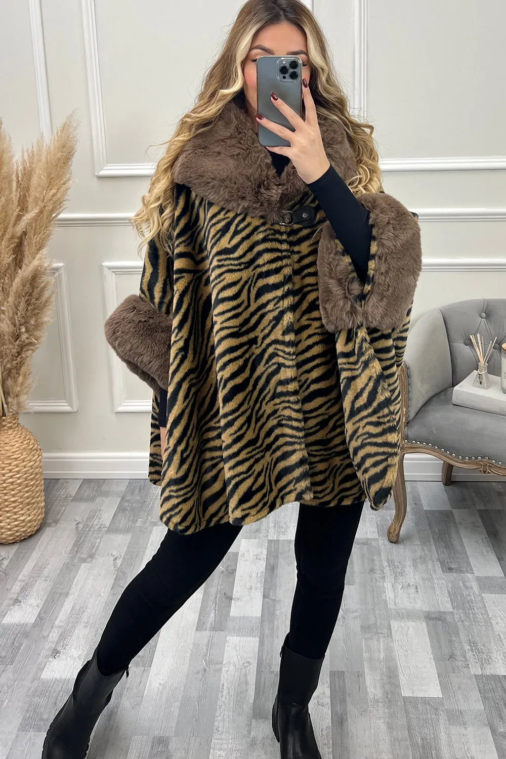 Jessie Camel and Black Tiger Print Faux Fur Cape