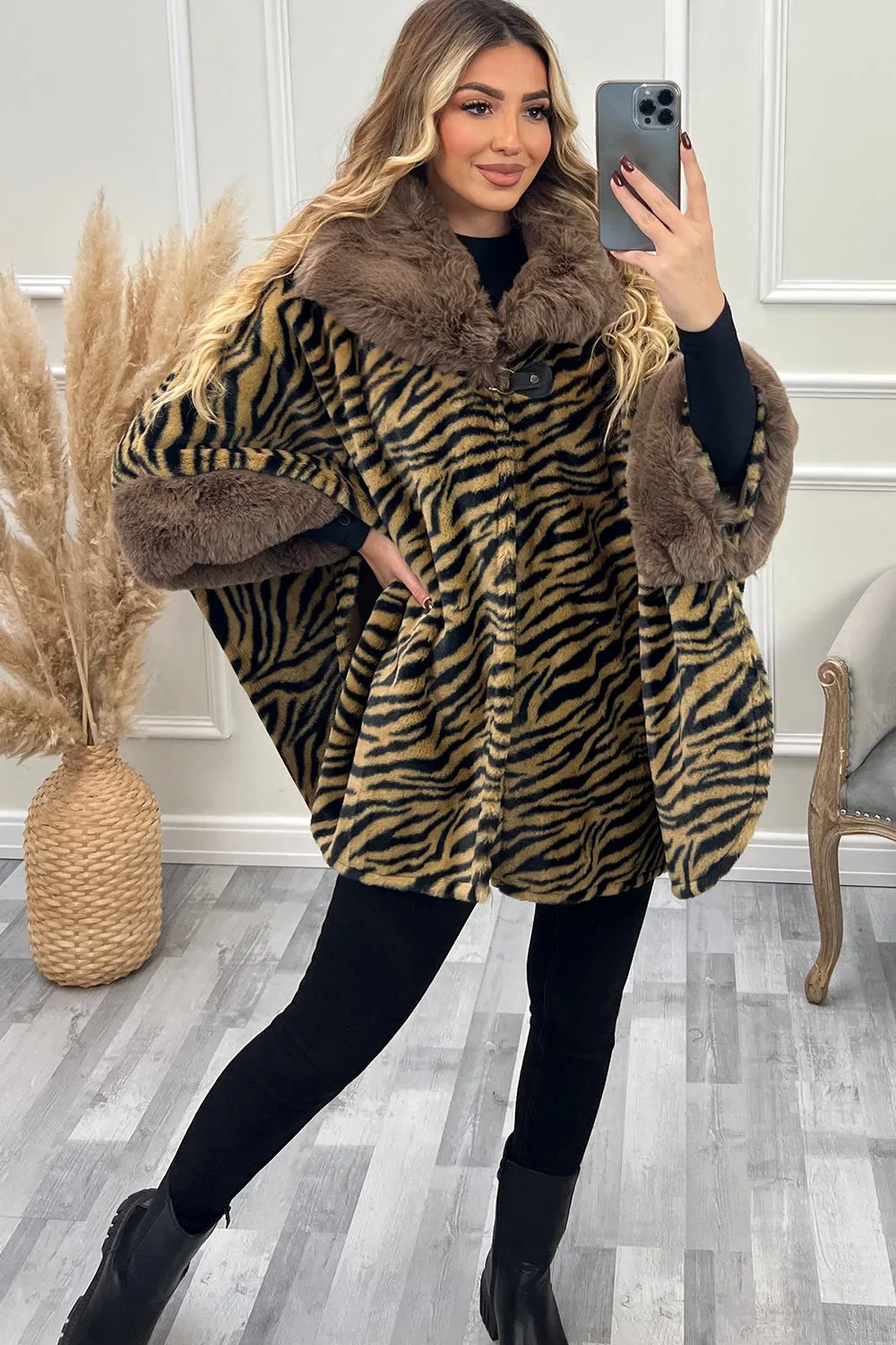 Jessie Camel and Black Tiger Print Faux Fur Cape