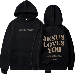 Jesus Loves You Hoodie, Preppy Hoodies for Women Letter Graphic Printed Sweatshirts with Pocket Comfy Fleece Pullover Tops