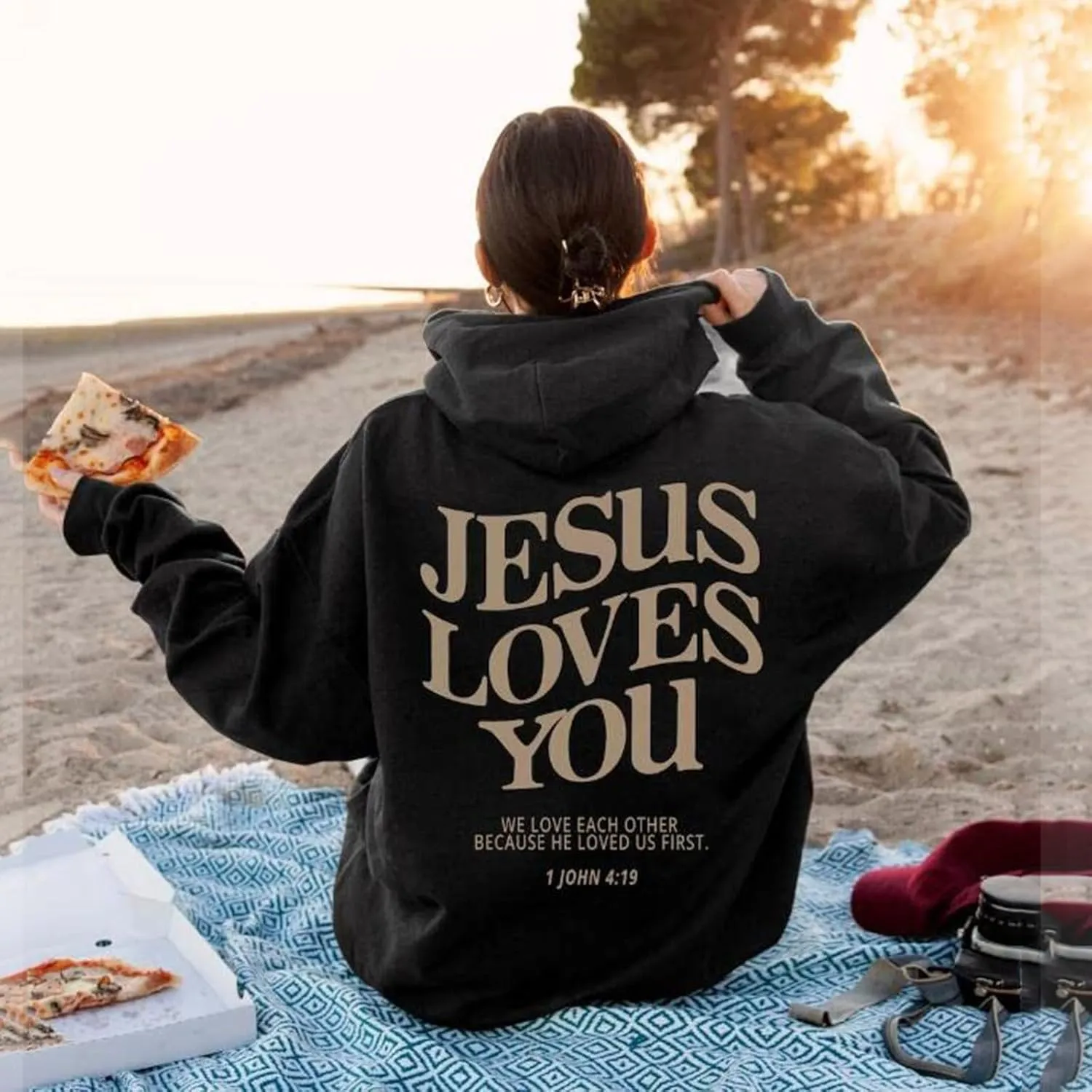 Jesus Loves You Hoodie, Preppy Hoodies for Women Letter Graphic Printed Sweatshirts with Pocket Comfy Fleece Pullover Tops