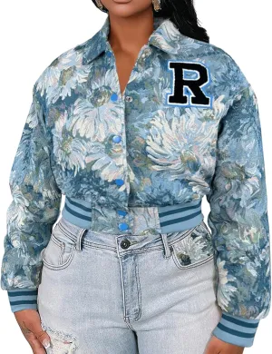 KANSOON Varsity Jacket Women Bomber Textured Floral Cropped Jackets Letterman Snap Buttons Long Sleeves Coats