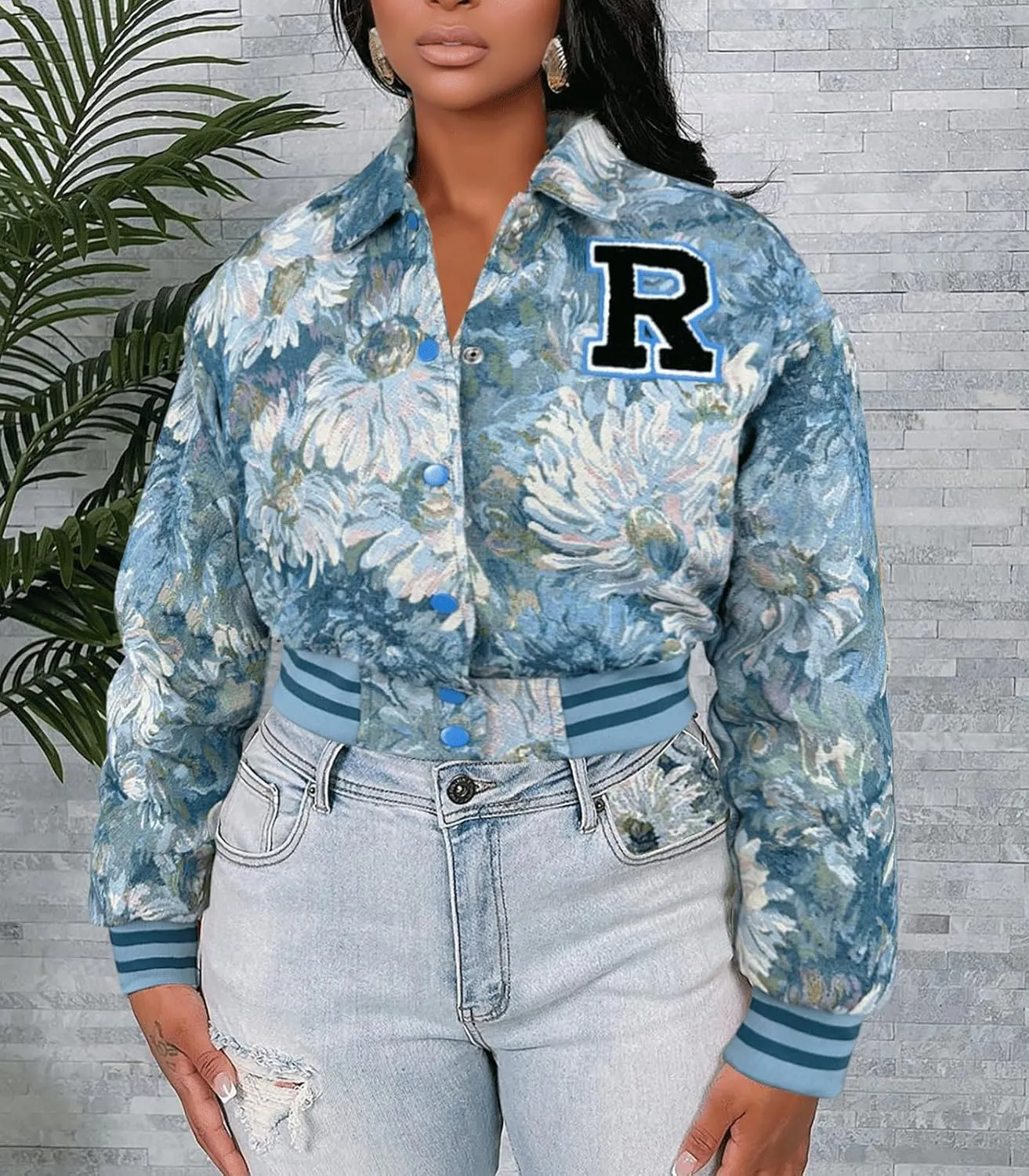KANSOON Varsity Jacket Women Bomber Textured Floral Cropped Jackets Letterman Snap Buttons Long Sleeves Coats