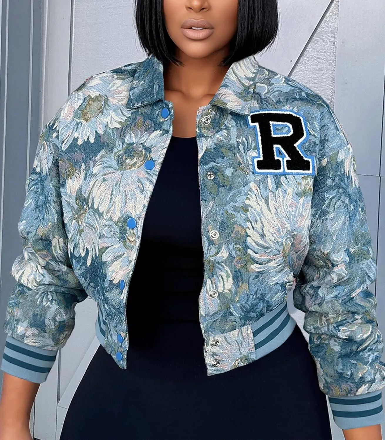 KANSOON Varsity Jacket Women Bomber Textured Floral Cropped Jackets Letterman Snap Buttons Long Sleeves Coats