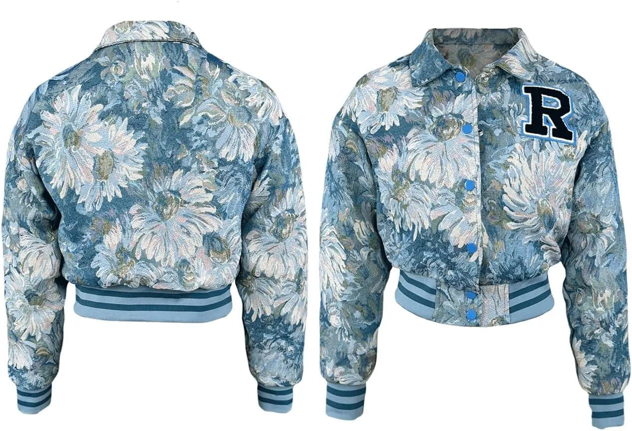 KANSOON Varsity Jacket Women Bomber Textured Floral Cropped Jackets Letterman Snap Buttons Long Sleeves Coats