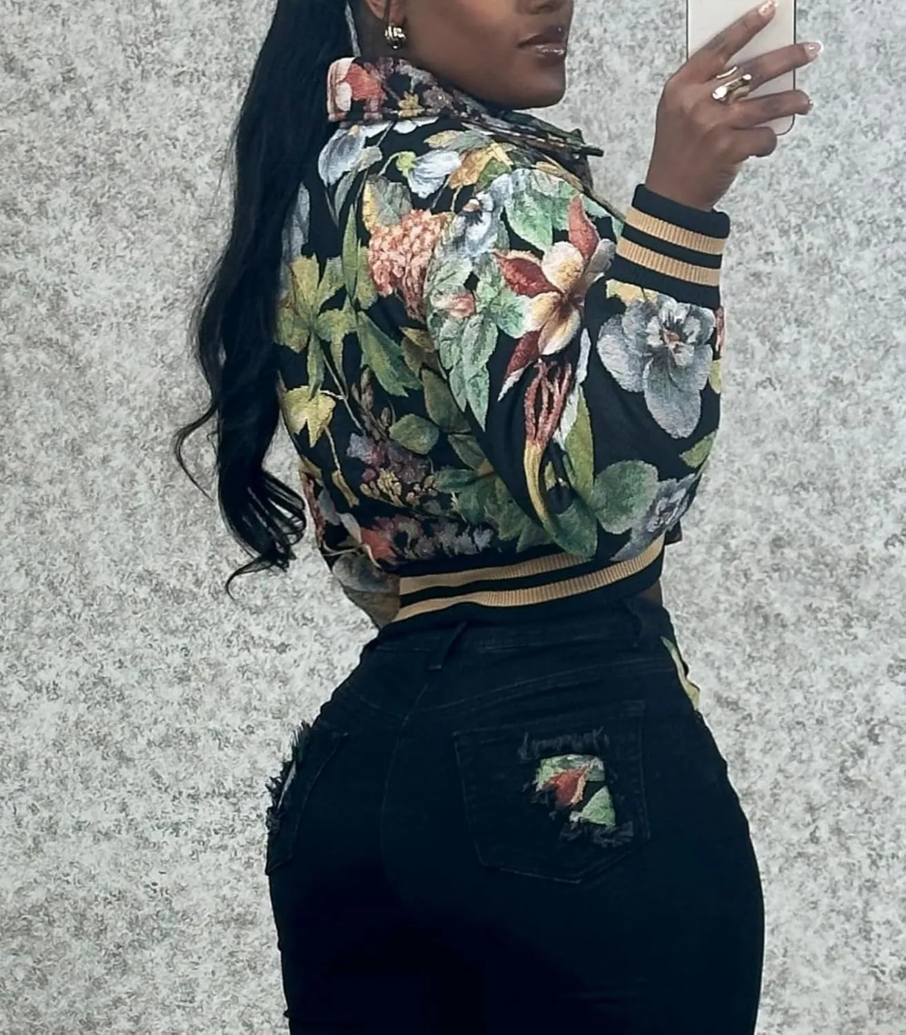 KANSOON Varsity Jacket Women Bomber Textured Floral Cropped Jackets Letterman Snap Buttons Long Sleeves Coats