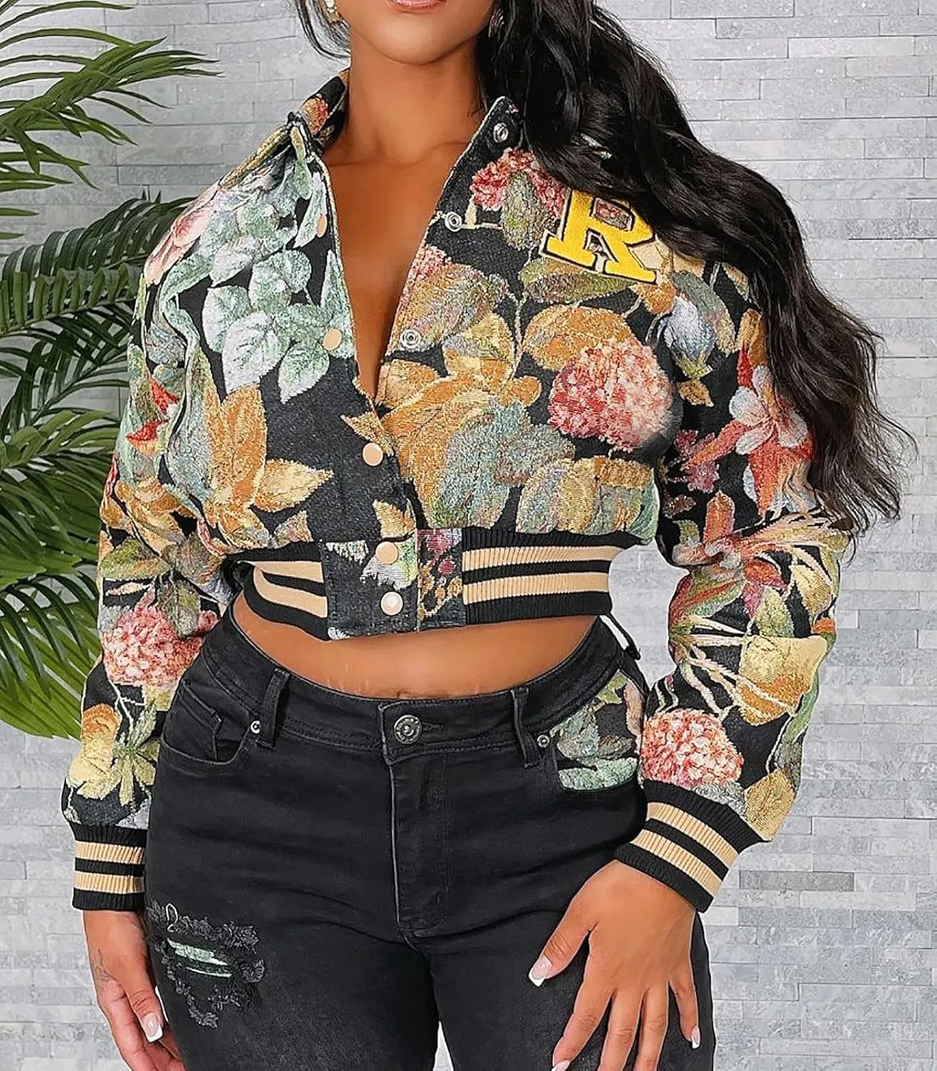 KANSOON Varsity Jacket Women Bomber Textured Floral Cropped Jackets Letterman Snap Buttons Long Sleeves Coats