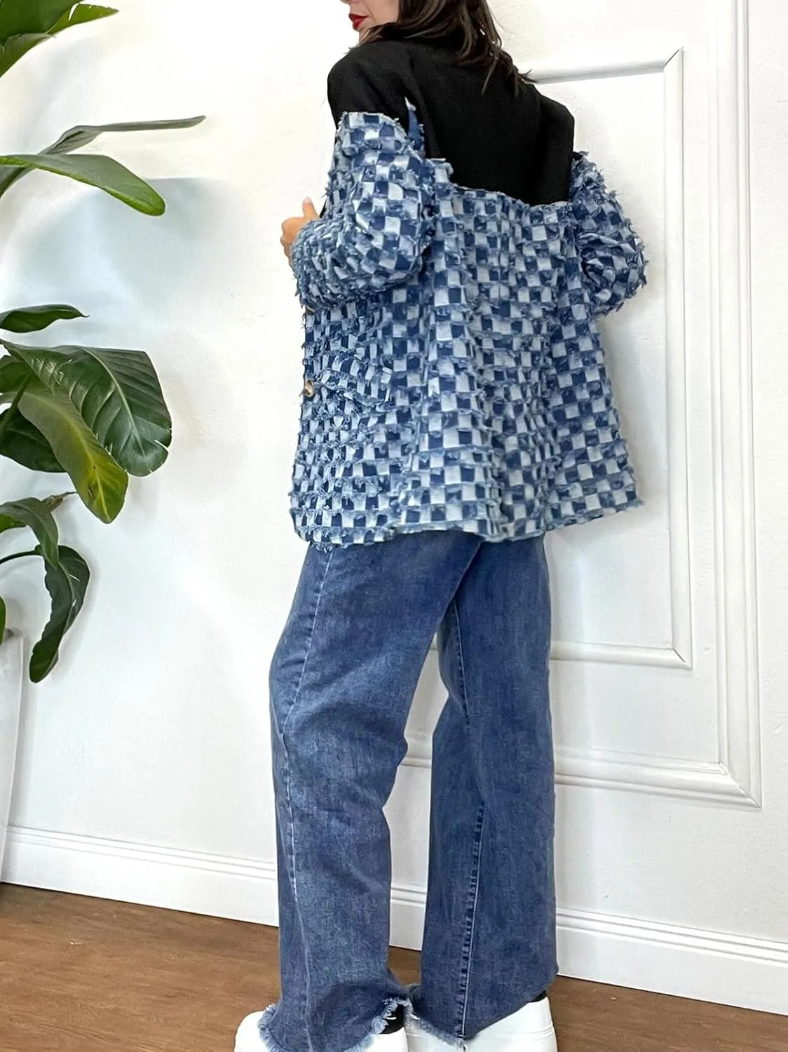 KANSOON Women Denim Blazer Jacket Patchwork Jean Long Sleeve Button Fringes Casual Business Blazers