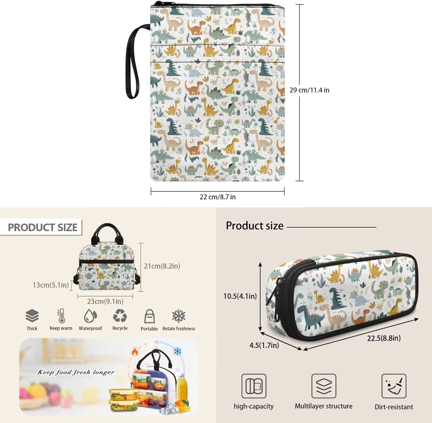 Kawaii Dinosaurs Backpacks for Boys with Lunch Box Multi-Functional Shoulder Bag for School Teens Freezable Lunch Bag with Strap for Picnic Shopping Hiking