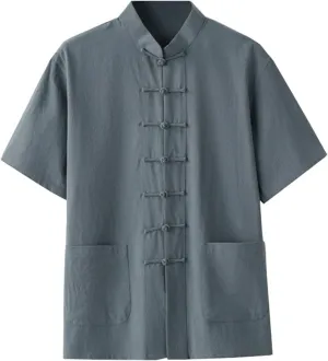 Kedera Men's Linen Cotton Mandarin Collar Short Sleeve Chinese Frog-Button Shirt Yoga Beach Tops