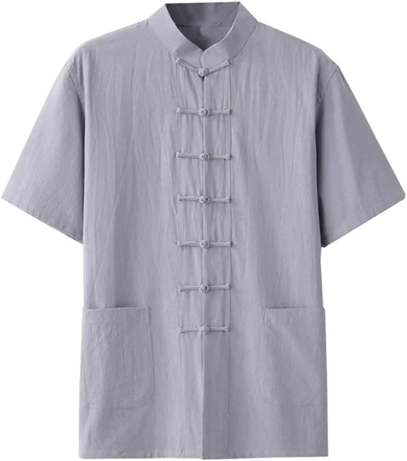 Kedera Men's Linen Cotton Mandarin Collar Short Sleeve Chinese Frog-Button Shirt Yoga Beach Tops