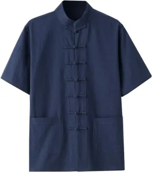 Kedera Men's Linen Cotton Mandarin Collar Short Sleeve Chinese Frog-Button Shirt Yoga Beach Tops