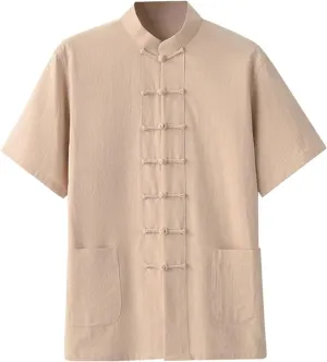 Kedera Men's Linen Cotton Mandarin Collar Short Sleeve Chinese Frog-Button Shirt Yoga Beach Tops