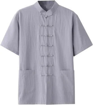 Kedera Men's Linen Cotton Mandarin Collar Short Sleeve Chinese Frog-Button Shirt Yoga Beach Tops