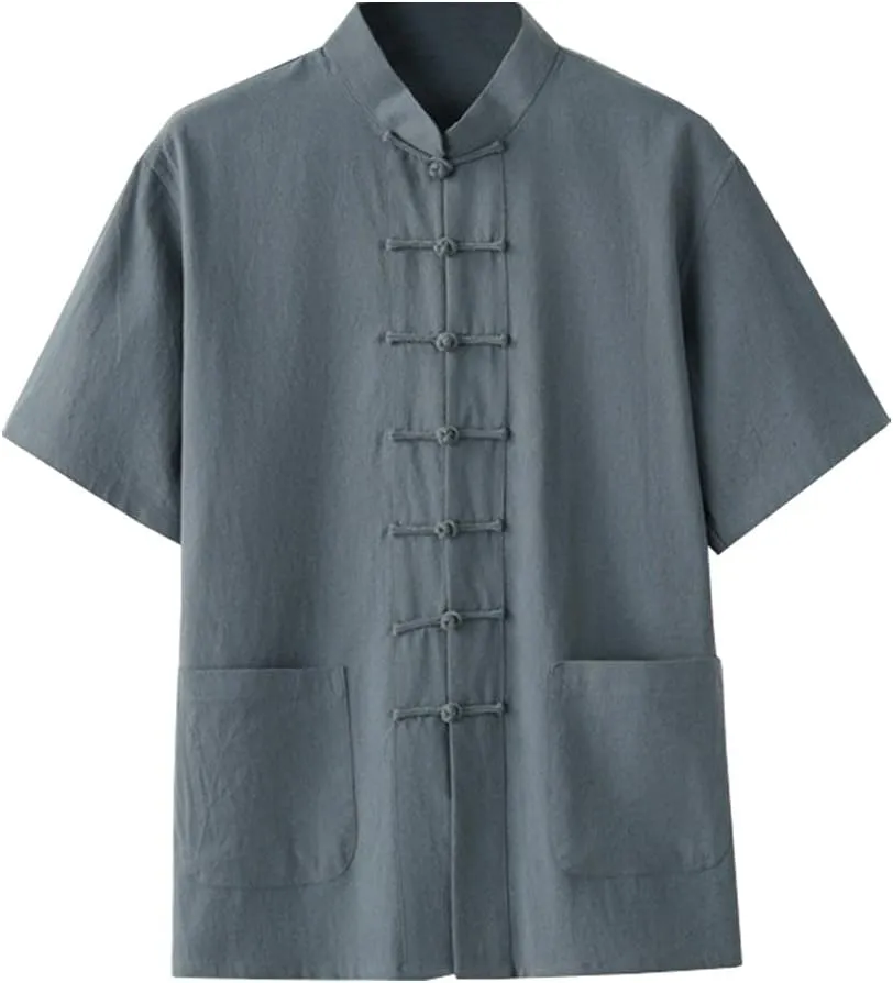 Kedera Men's Linen Cotton Mandarin Collar Short Sleeve Chinese Frog-Button Shirt Yoga Beach Tops