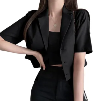 Kinghua Womens Cropped Linen Blazer Lightweight Summer Casual Short Sleeve Cotton Linen Jackets